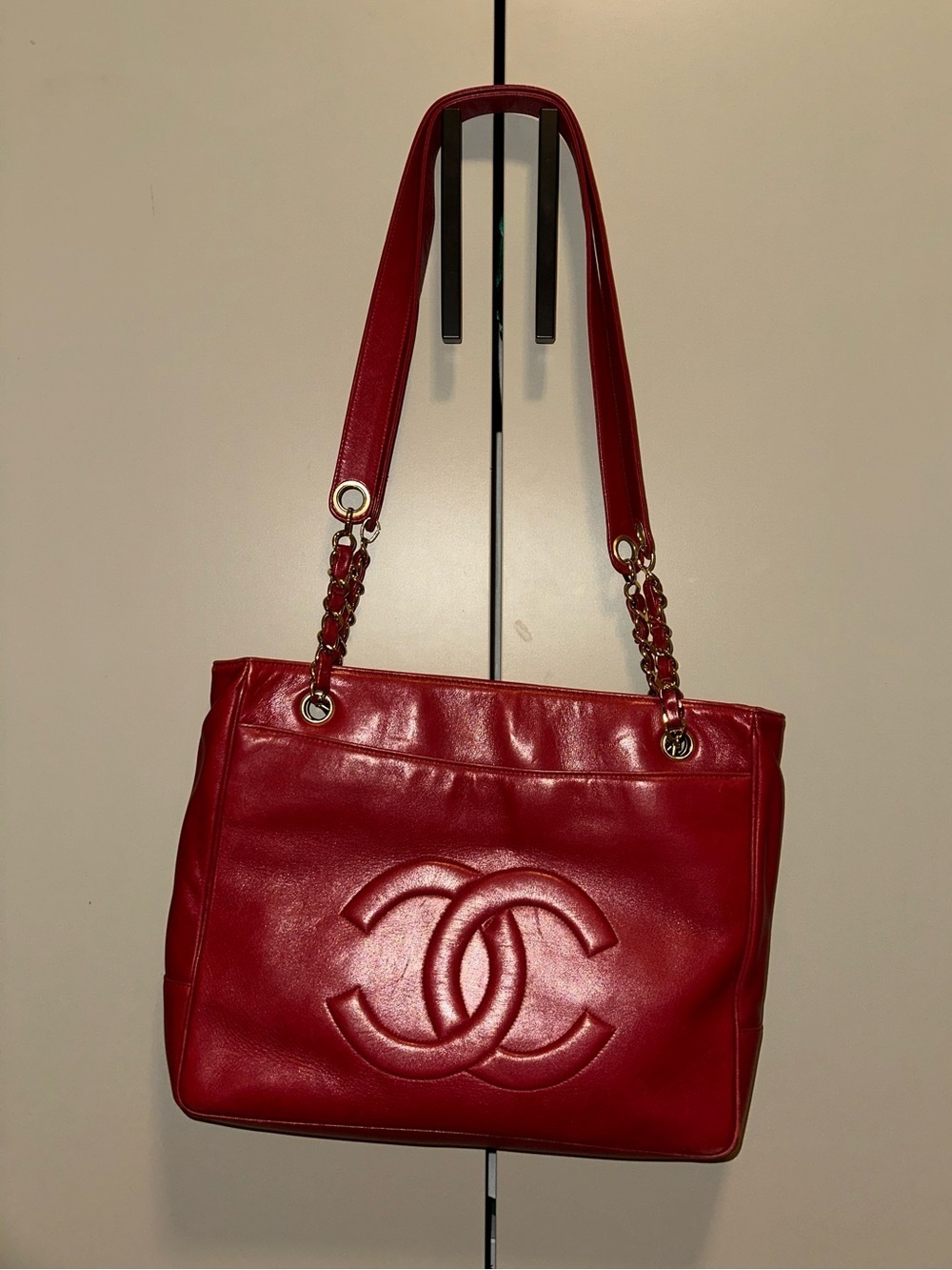 Chanel 90’s Red CC Lambskin Tote with Gold Chain-Detail Straps
